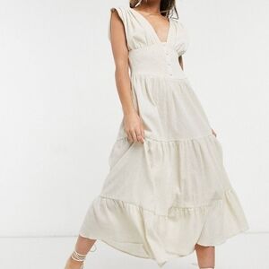 ASOS‎ DESIGN Linen Blend Button Front Vneck Tiered Midi Dress Oatmeal Size 12